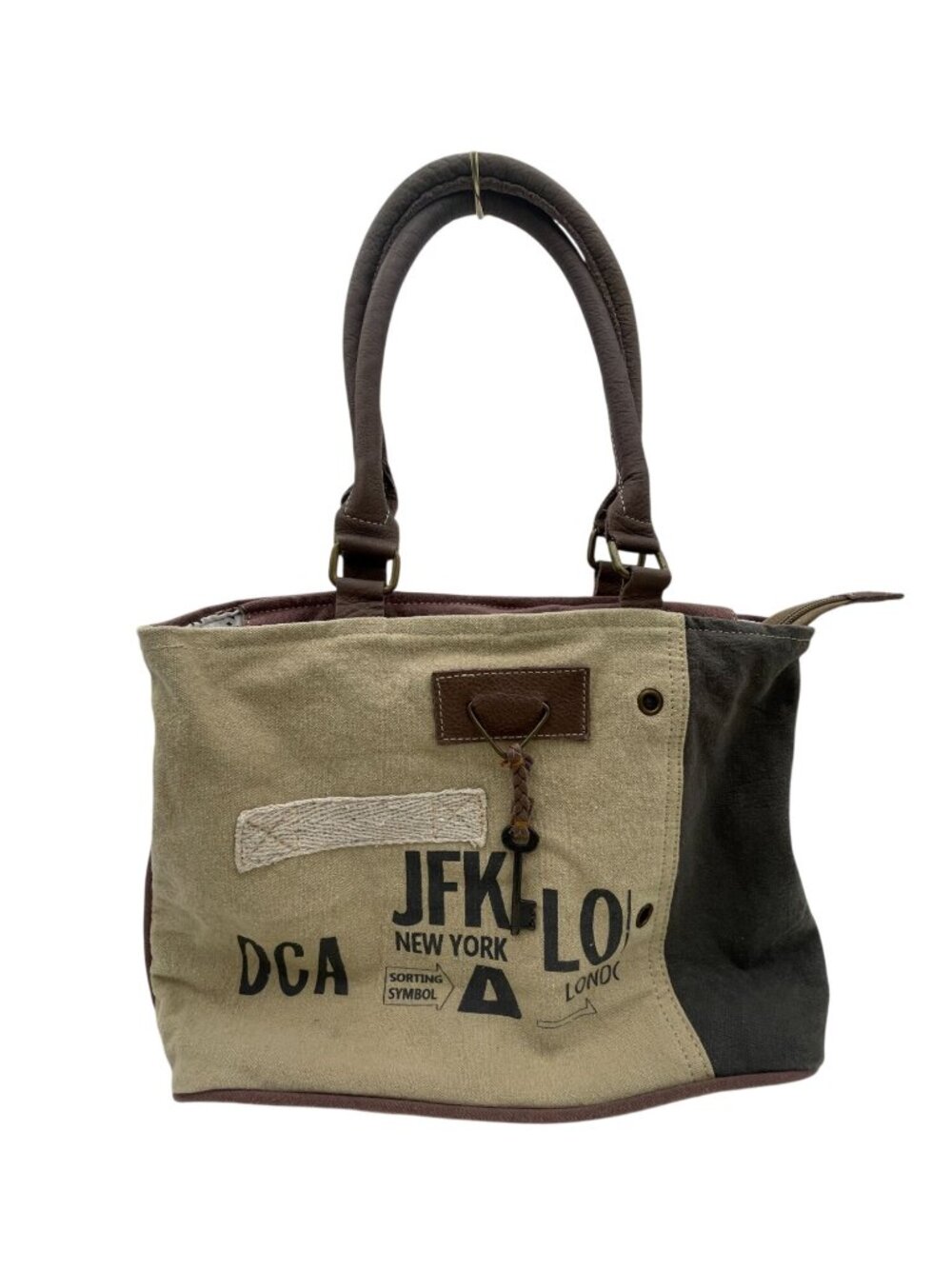 Myra Bag Brown Canvas & Leather Tote Zip Pockets & Patterned Cotton Lining 14x9"